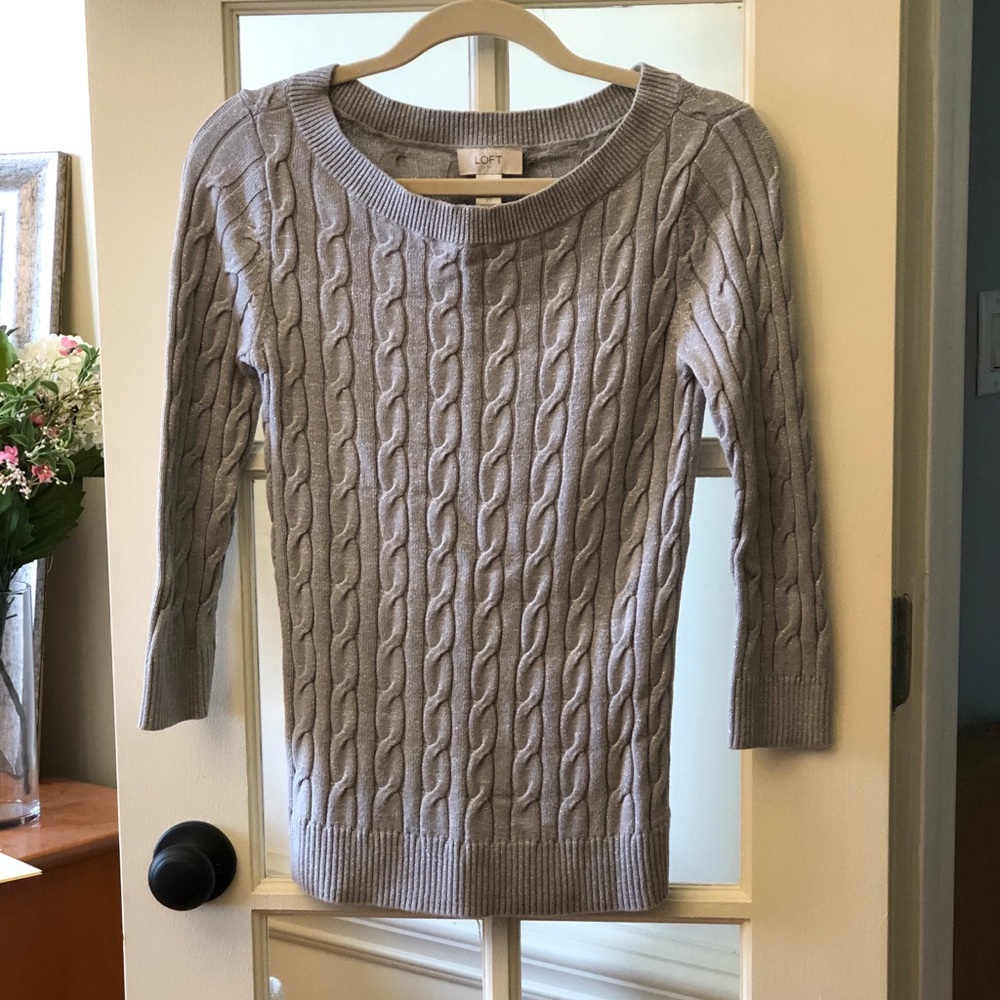 Loft Silver Cable Knit Hem Sweater 3/4 Sleeve